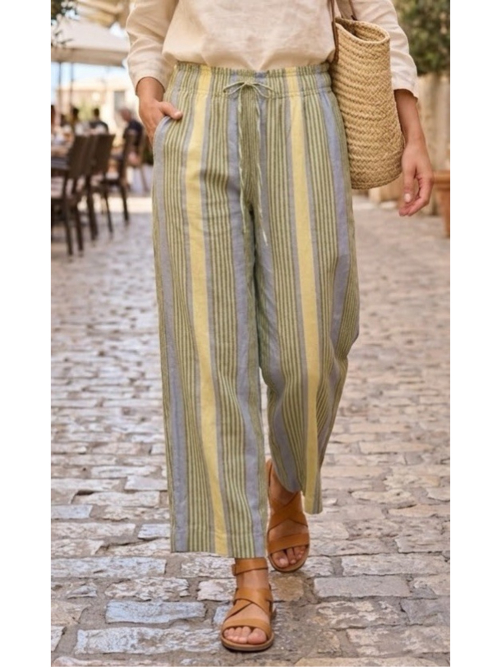 FREE PEOPLE Striped Linen Pull-On High Rise Wide Leg Pant Small Boho Chic Beach
